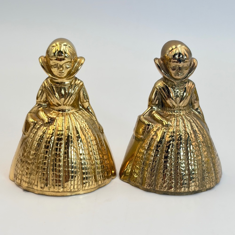 2 Vintage Brass Dutch Girl Dinner Table Hand Bell Figural Mantle Decor Regency